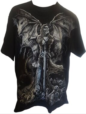 Men's Liquid Blue Black Graphic Tee with Grim Reaper Sword Design Size Large